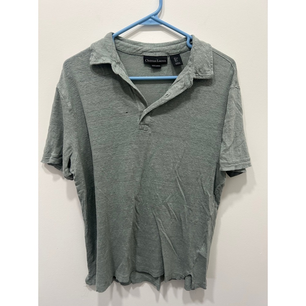 Christian Lacroix Polo Shirt Mens Large Green 100% Linen‎ Short Sleeve Knit Top